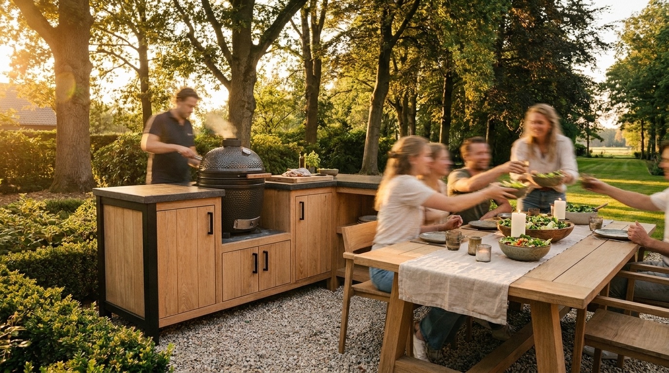 Mensen eten aan een houten tuintafel naast de buitenkeuken bij avondlicht