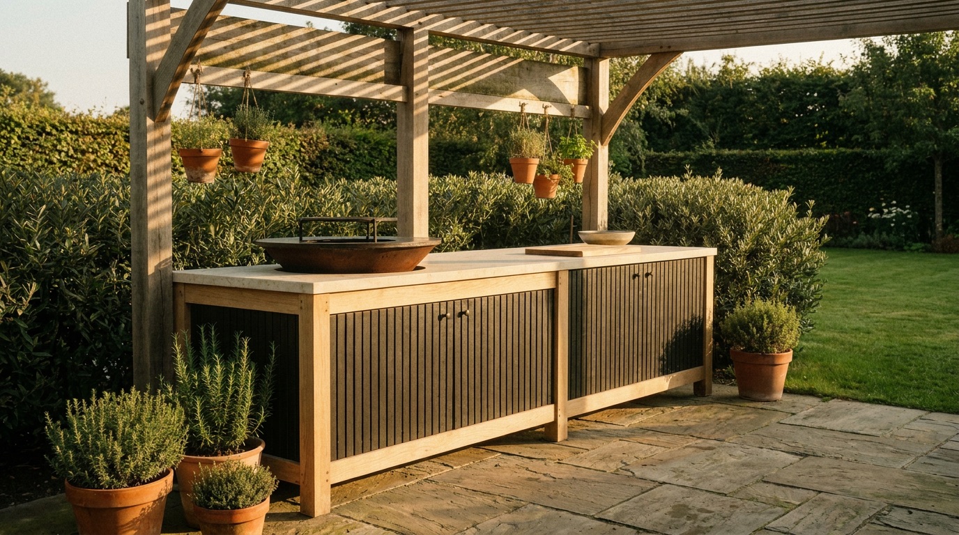 Lichte houten buitenkeuken onder een pergola, met kruidenpotten en uitzicht op het gazon