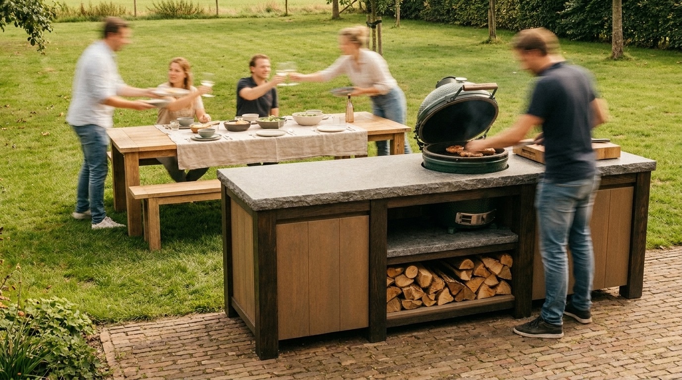 Mensen dekken een lange houten tuintafel naast de buitenkeuken op het gazon