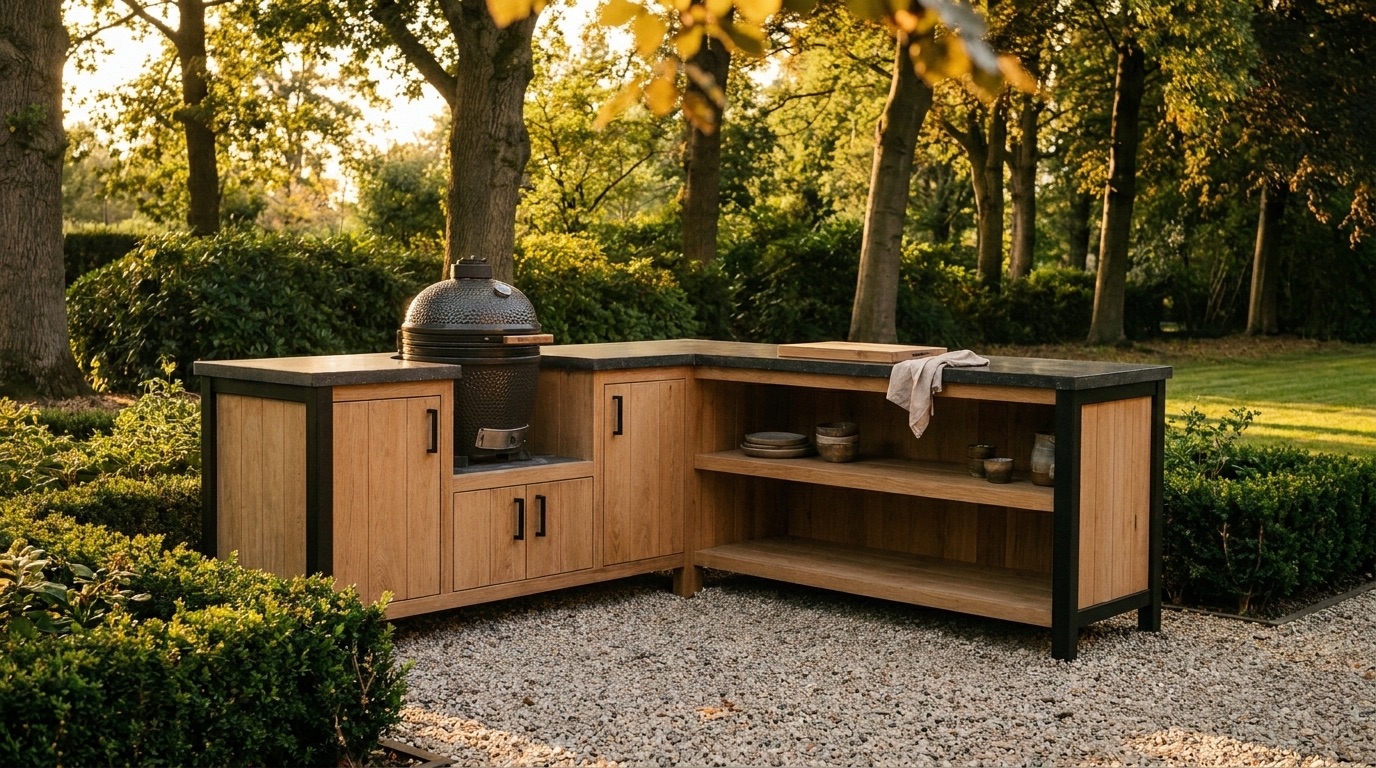Hoekopstelling van een houten buitenkeuken met kamado-barbecue op een grindterras bij zonsondergang