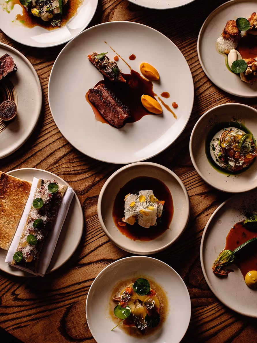 Overhead view of multiple gourmet dishes artfully plated on ceramic plates on a wooden table.