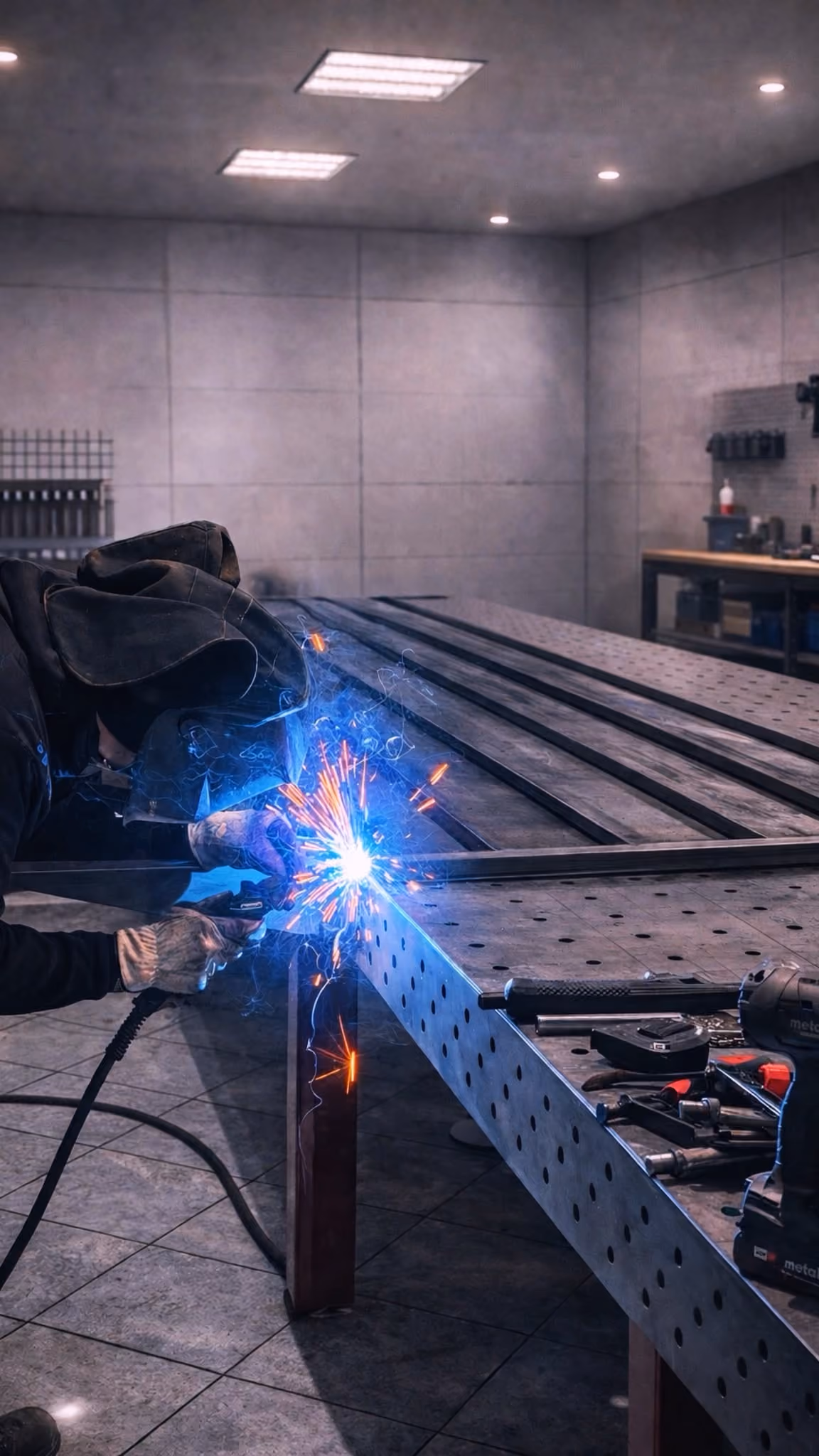 Person welding metal on a perforated workbench with sparks flying in a workshop.