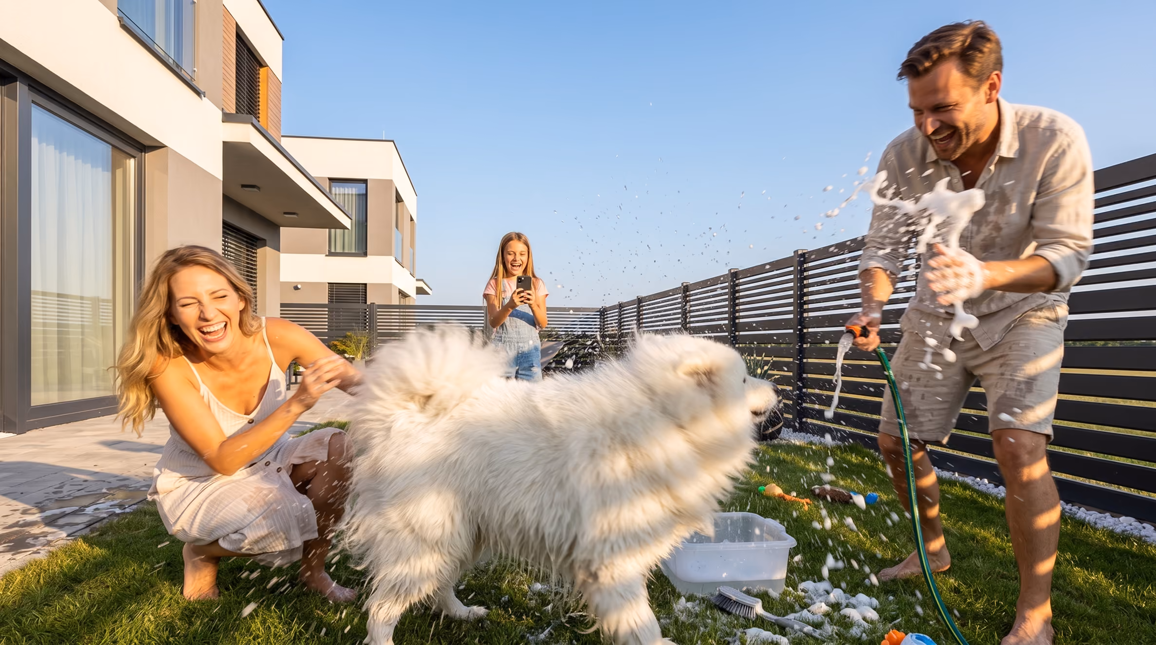 Family washing a large white dog outdoors on grass with soap suds and water on a sunny day.