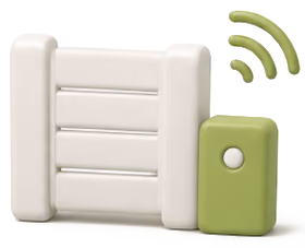 White gate with a green remote control and green wireless signal icon above it.