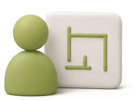 Green person icon next to a white square with a green flowchart or network diagram.