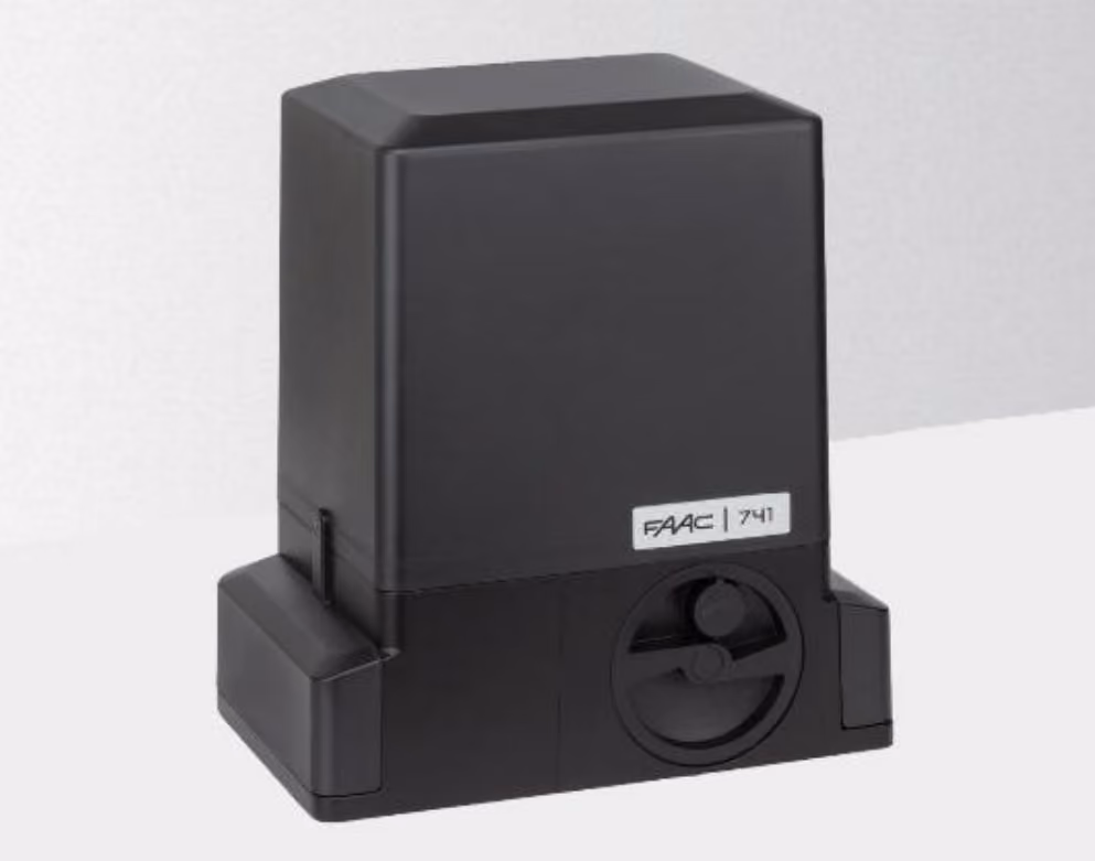 Black FAAC 741 gate motor with a square body and circular adjustment control on front.
