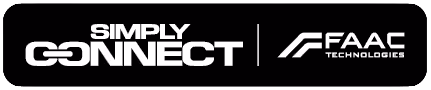 Simply Connect and FAAC Technologies logos on a black rounded rectangle background.