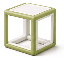 Transparent cube with rounded green edges and white panels on top and bottom.
