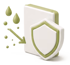 3D icon of a white shield with green outline beside a white book with green edges and raindrop shapes.