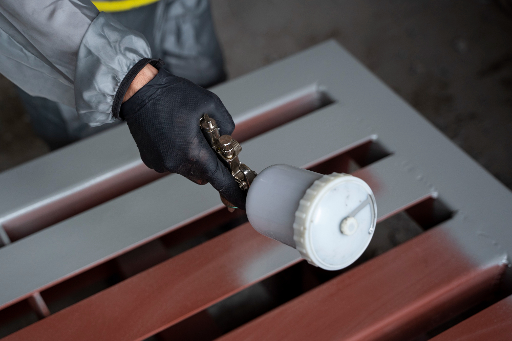 Person wearing black gloves spraying gray paint on a metal surface using a spray gun.