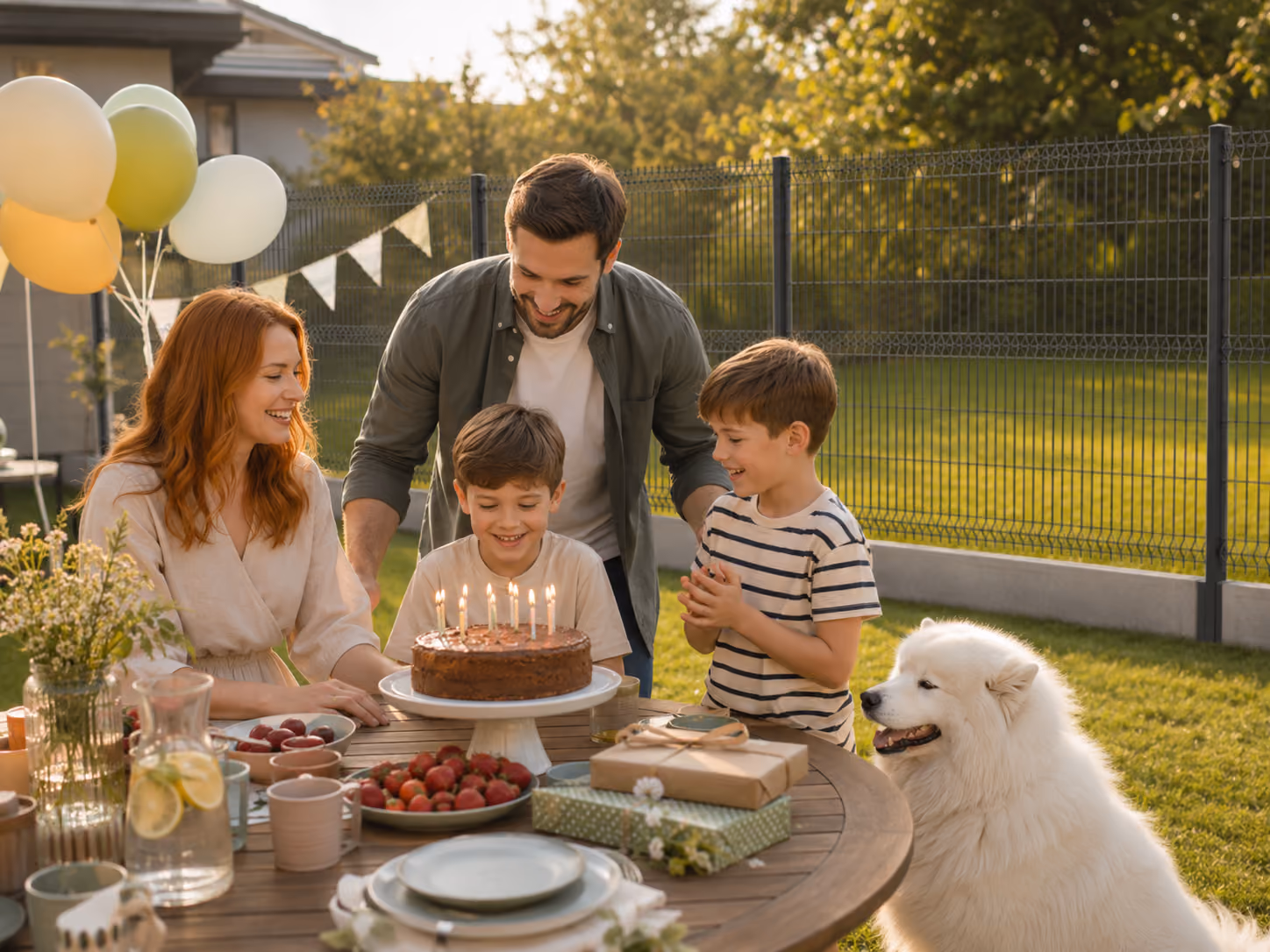 Family celebrates a boy's birthday outdoors with cake, gifts, balloons, and a white dog nearby.