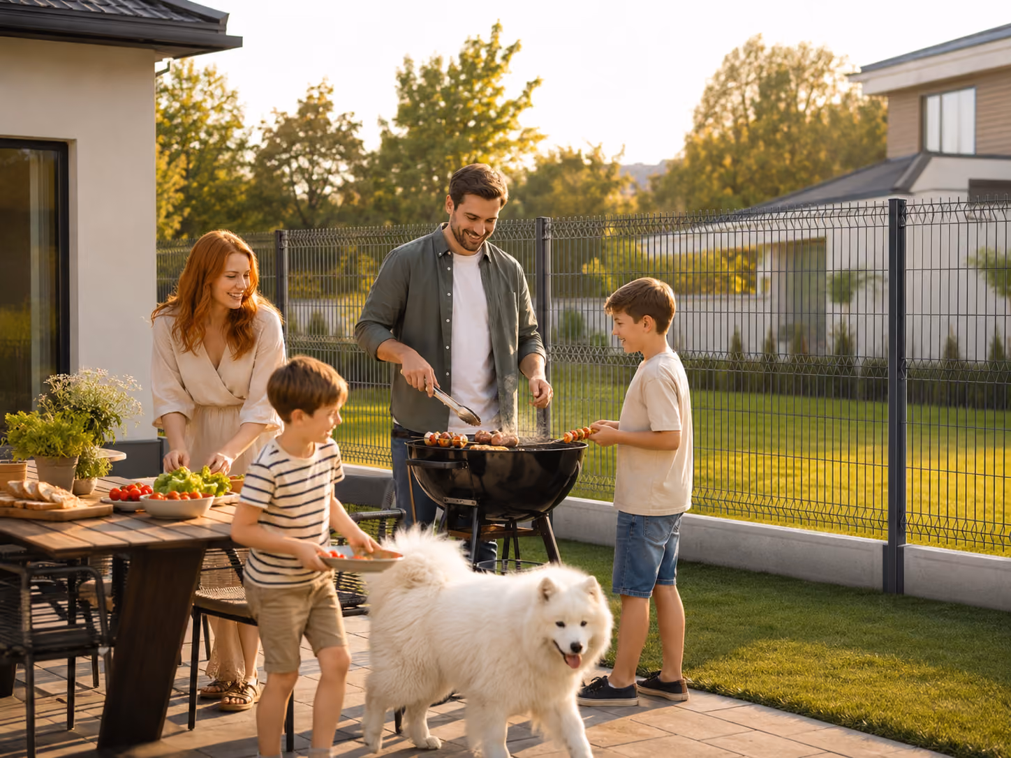 Family of four with a white dog having barbecue outdoors in a backyard during sunset.