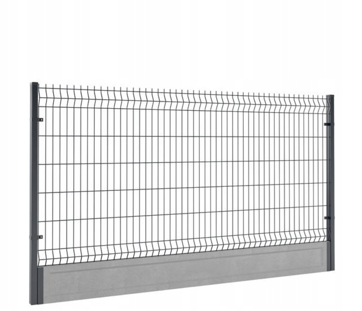 Metal wire fence panel with rectangular concrete base and vertical and horizontal bars.