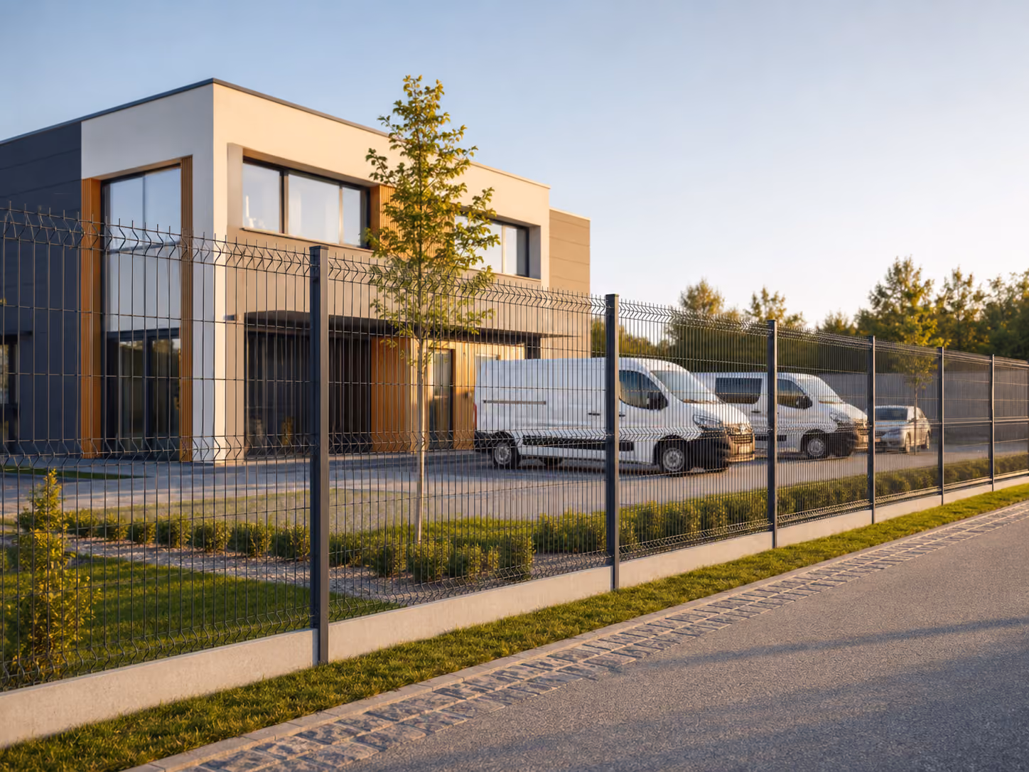 Modern house behind a black vertical slatted gate with concrete pillars and number 22 on the wall.