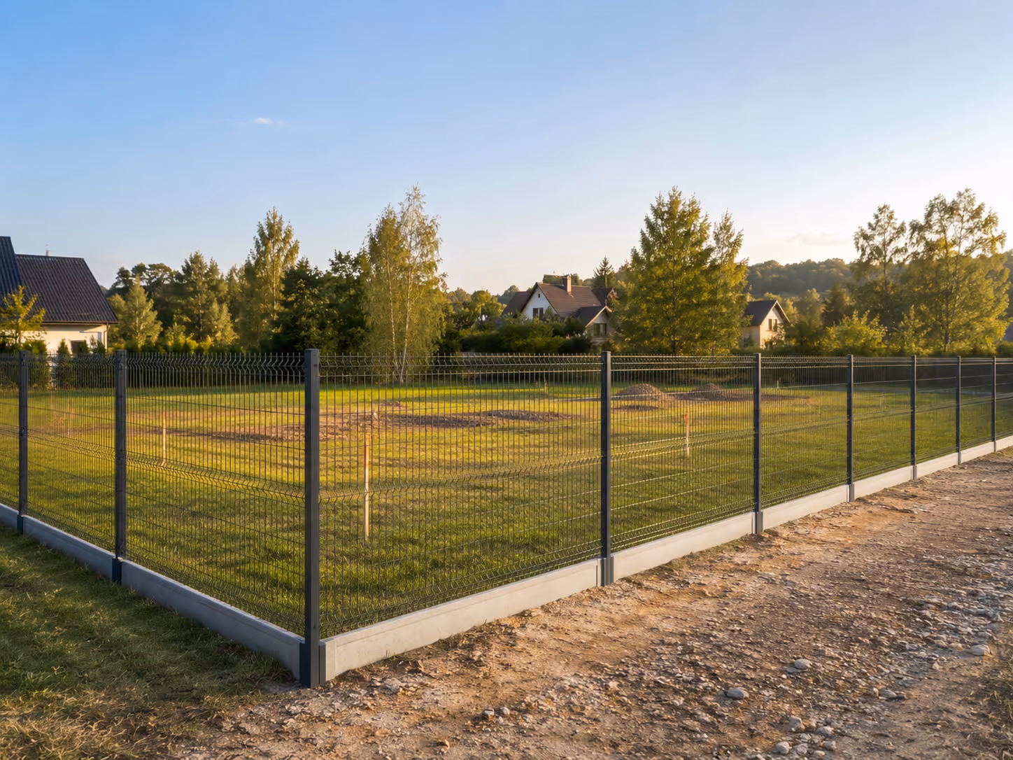 Metal fence enclosing a grassy yard with construction markers in a suburban area at sunset.