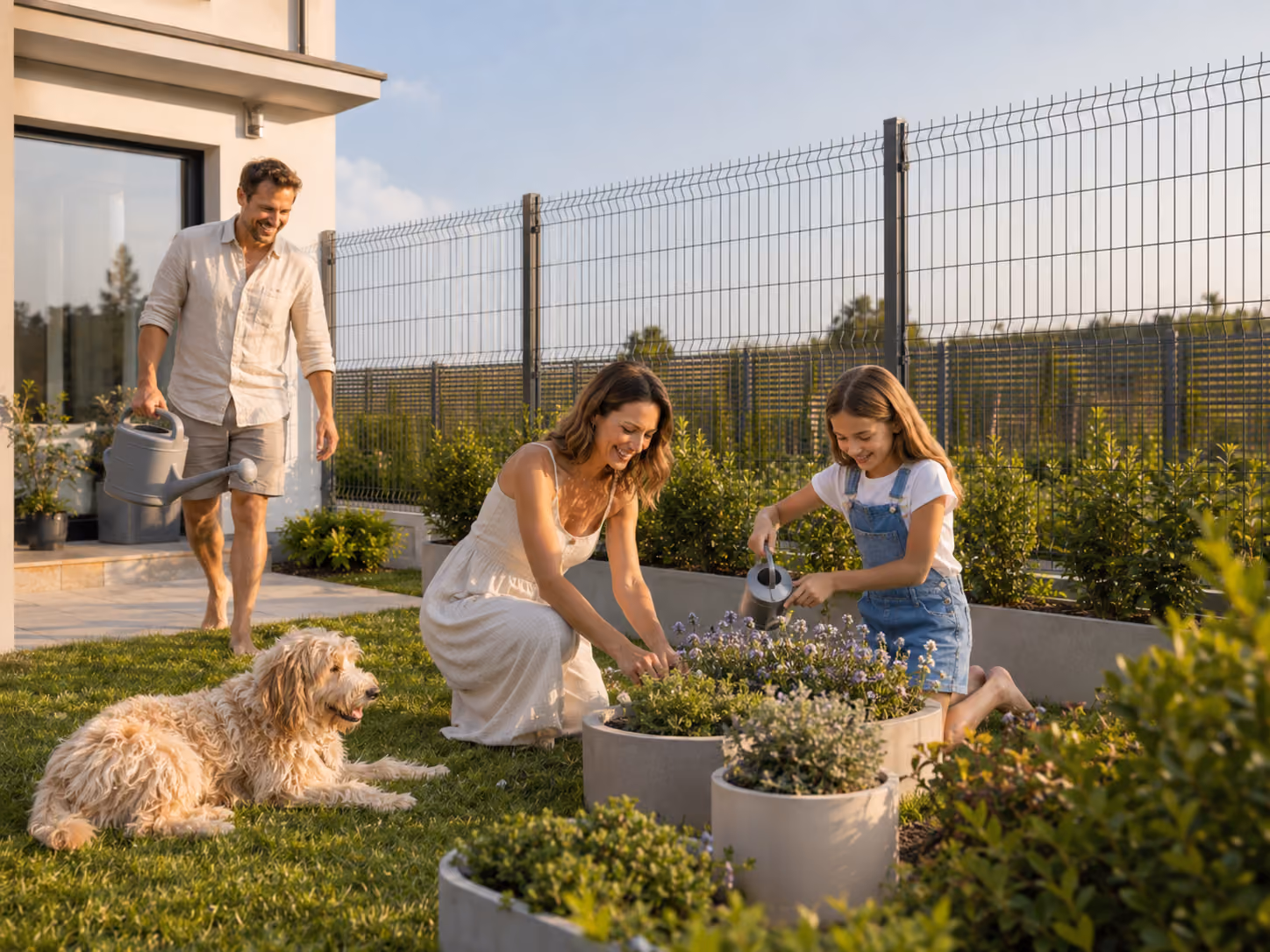 Woman and girl gardening in pots while man with watering can and dog watch in sunny backyard.