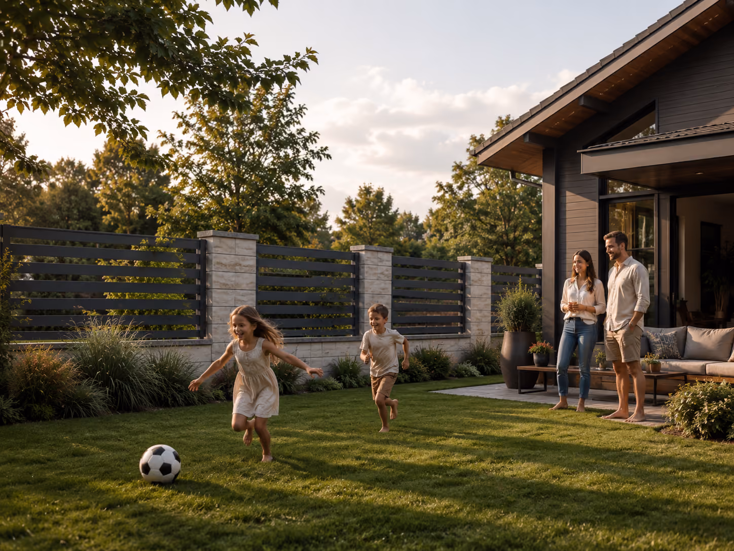 Two children running barefoot on grass chasing a soccer ball in a backyard, watched by two adults.