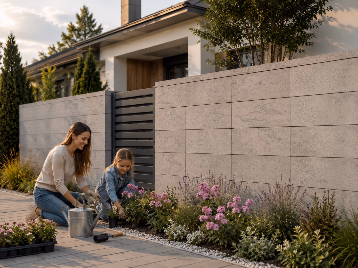Woman and girl kneeling while planting pink flowers along a paved sidewalk by a modern stone fence.