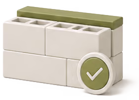 Stack of white rectangular blocks with a green block on top and a green checkmark icon.