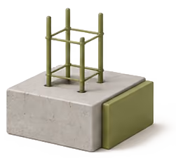 Concrete block with green corner and green metal frame structure on top.