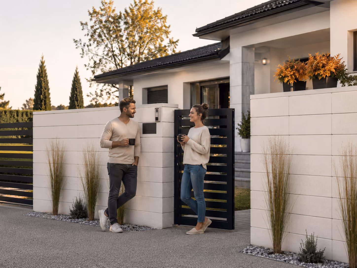 Man and woman holding mugs outside a modern house gate, talking and smiling at each other.