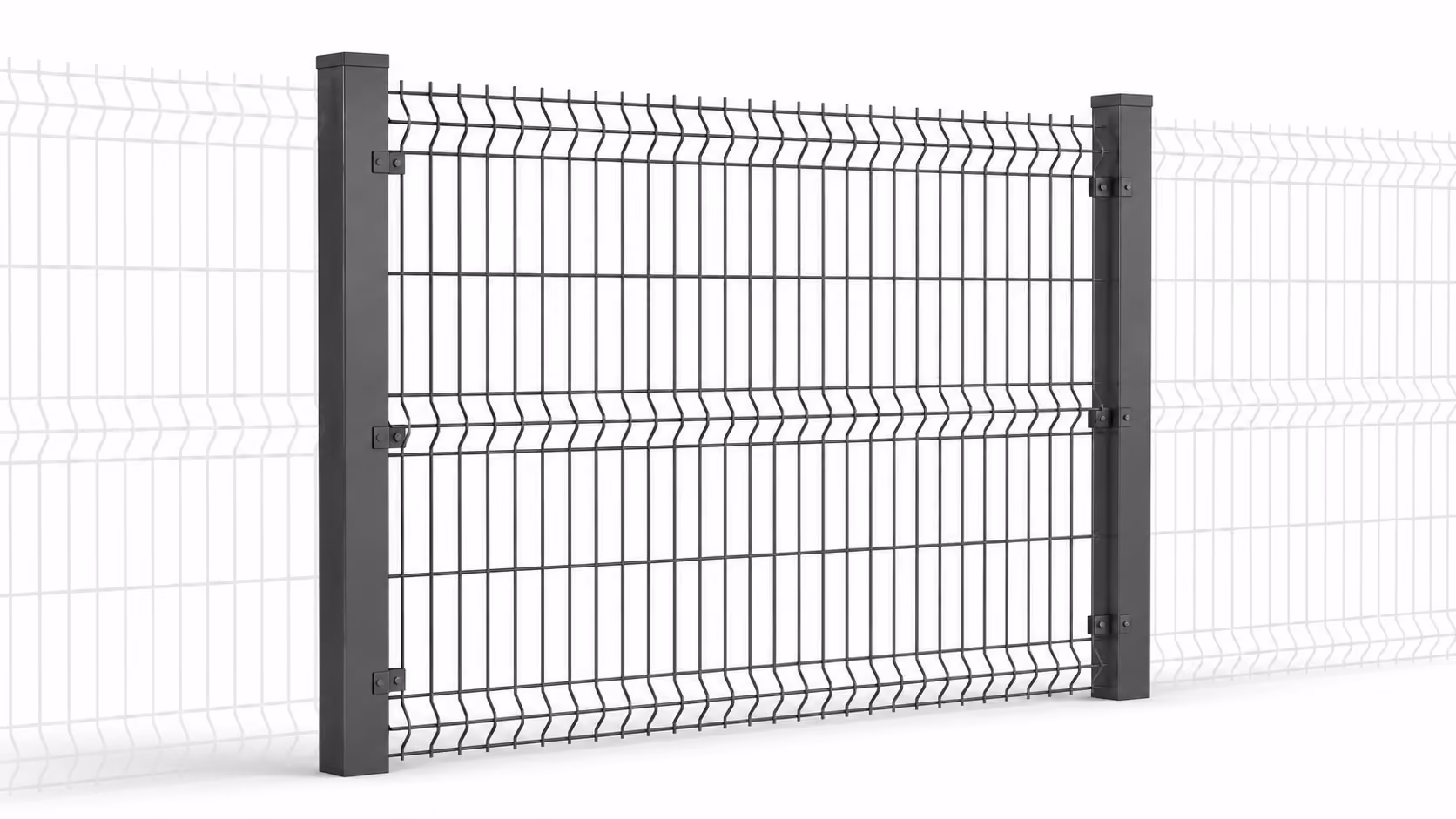 Czarny ogrodzeniowy panel z metalowej siatki z dwoma słupkami na białym tle.