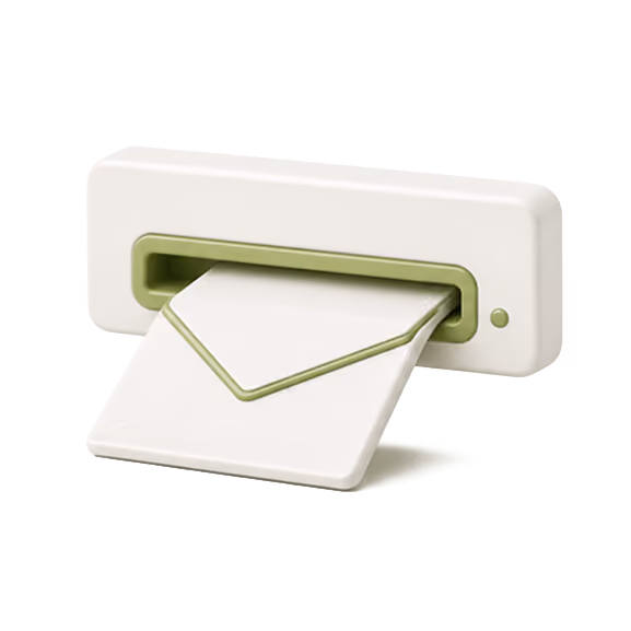 Biała i zielona ikona koperty wychodzącej ze szczeliny, symbol wiadomości lub e-mail.