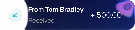 Notification showing +500.00 received from Tom Bradley with a green left arrow icon.