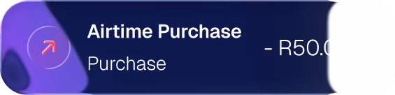 Airtime Purchase notification showing a debit of R50.00 with a red arrow icon.