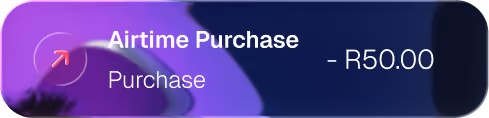 Airtime Purchase transaction showing debit of R50.00 on a dark purple background.