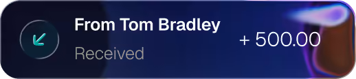 Notification showing a received payment of 500.00 from Tom Bradley with a back arrow icon.