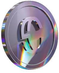 Shiny Zarsc silver coin with a stylized currency symbol in the center and rainbow reflections.
