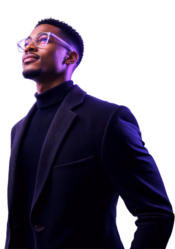 Man in glasses and black turtleneck looking up thoughtfully against black background.