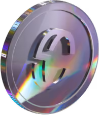 Silver metallic coin with a stylized letter A symbol and rainbow reflections.