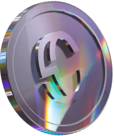 Shiny metallic coin with a stylized letter S cutout and rainbow reflections on its surface.