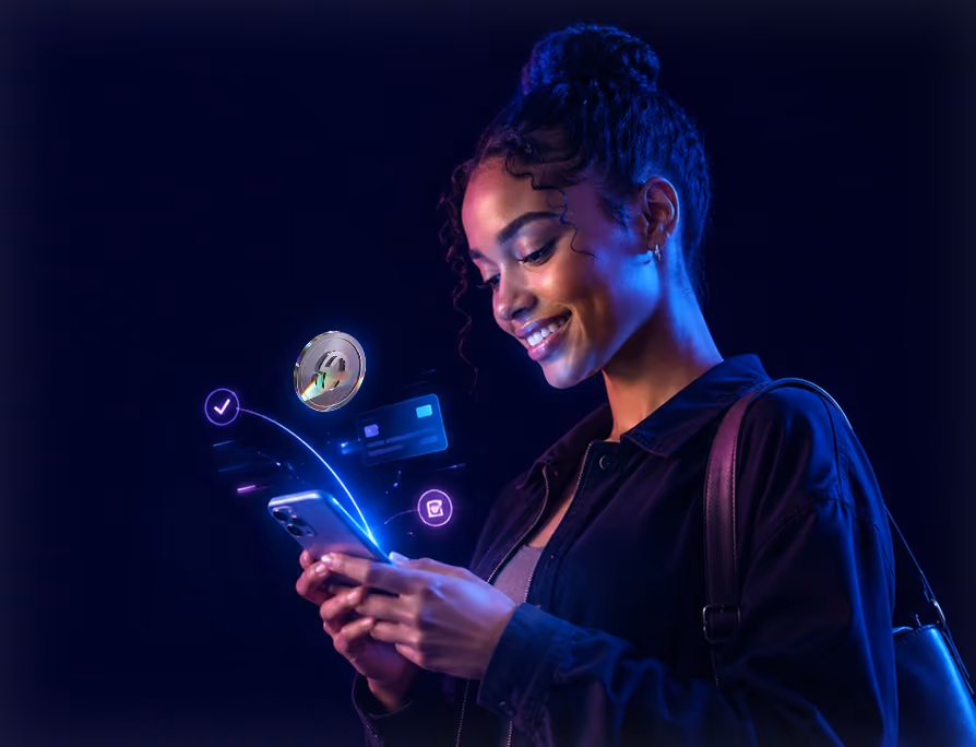 Smiling woman using smartphone with digital icons of coin, credit card, and checkmark floating near her.