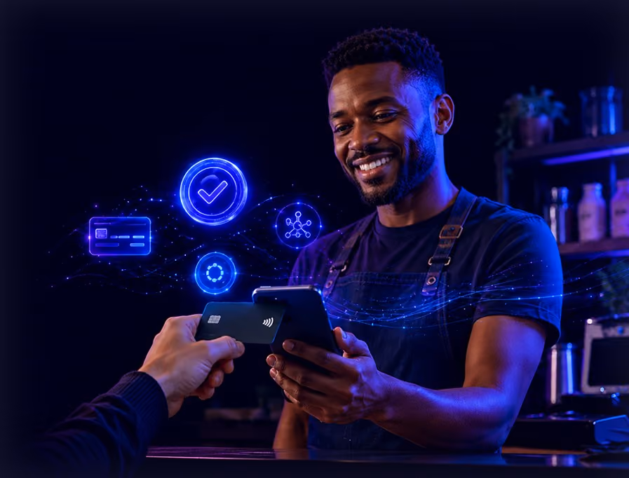 Smiling man scanning a contactless card on a smartphone with digital payment icons glowing nearby.