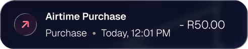 Notification of airtime purchase of R50.00 made today at 12:01 PM.