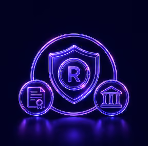Neon purple glowing icons of registered trademark, certificate, and government building on dark background.