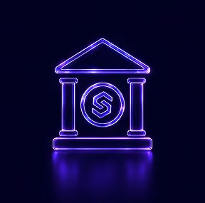 Glowing neon purple icon of a classical bank building with a currency symbol inside.