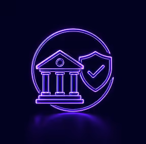 Neon purple icon of a classical bank building with a shield and checkmark symbolizing security.