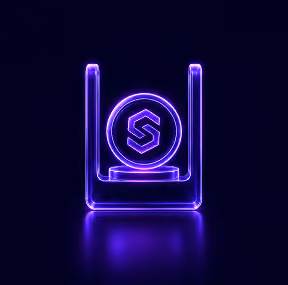 Glowing purple neon frame holding a hexagonal coin with a stylized S symbol inside.
