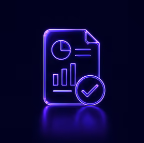Neon purple icon of a report with charts and a checkmark on a dark background.