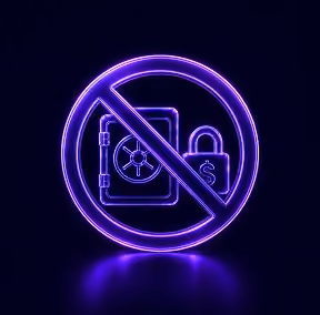 Neon purple icon of a crossed-out safe and locked padlock with a dollar sign.