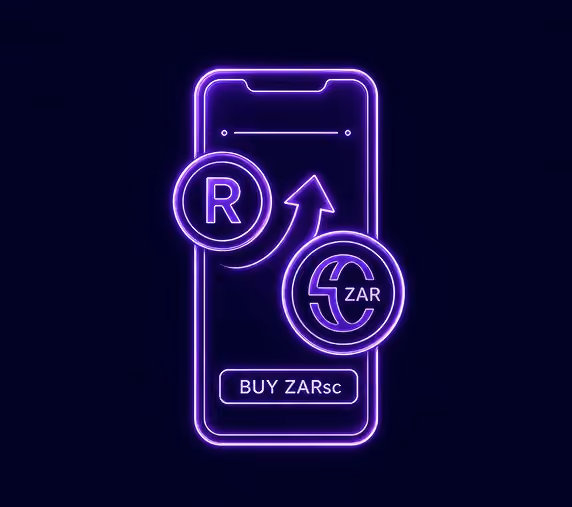 Neon purple smartphone with coins labeled R and S and arrow, button reads Buy ZARsc.