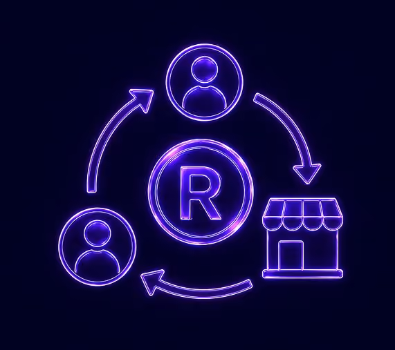 Neon purple icon showing currency symbol with arrows linking two people and a store.