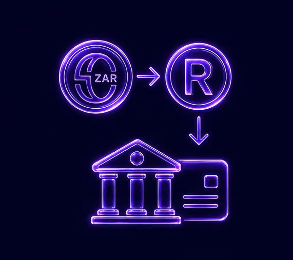 Glowing neon icon showing S to R transition with arrows leading to a bank and a document symbol.