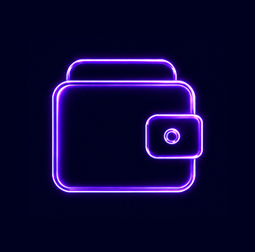 Glowing neon purple outline of a wallet icon on a dark background.