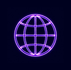 Glowing purple neon globe icon with horizontal and vertical lines on a dark background.