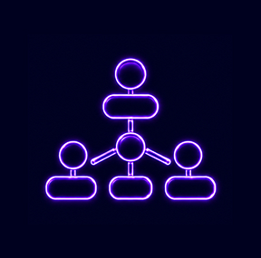 Glowing purple neon icon of a hierarchical network with connected nodes on black background.